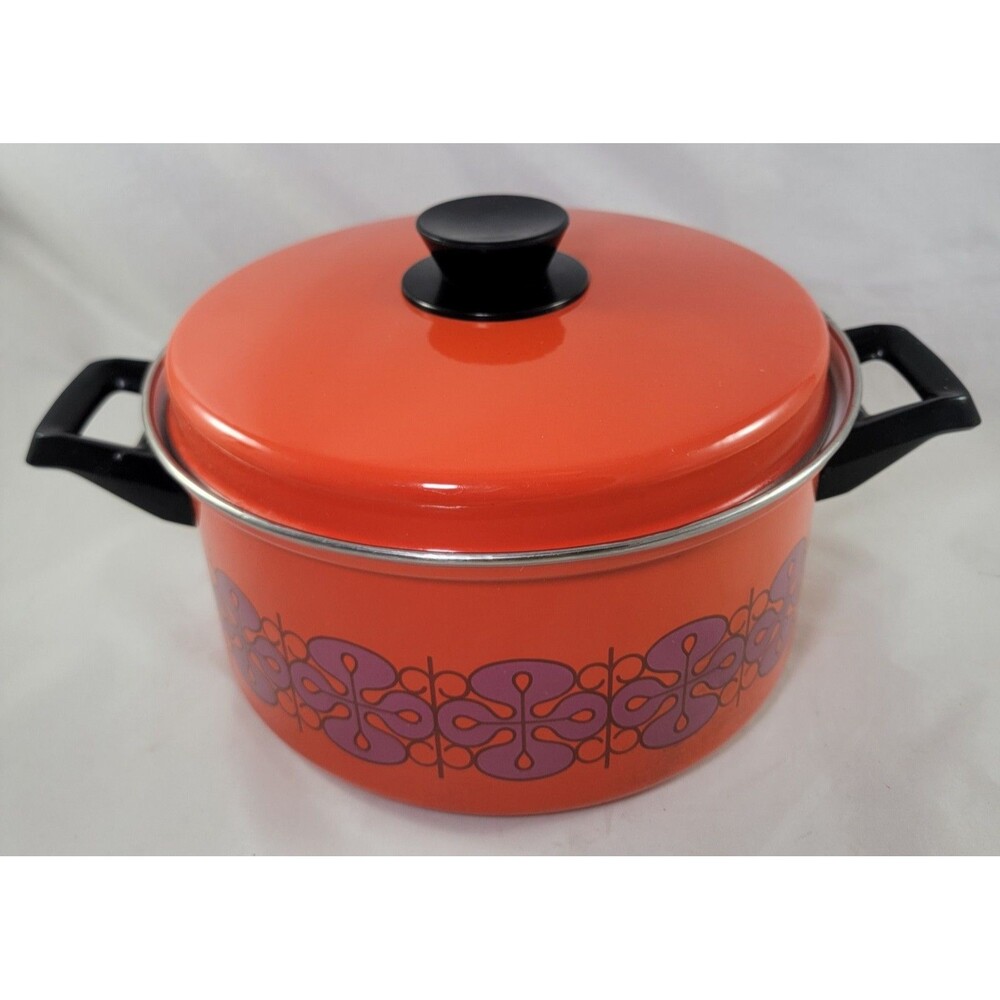 Vintage 1970's MCM Cookware Enamel Orange Retro Flower Stock Pot w/ Lid